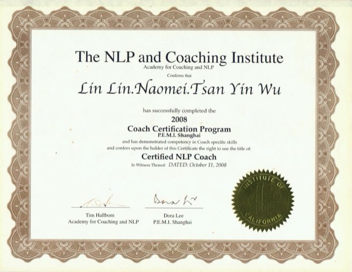 2008 年 Certified NLP Coach 證書，The NLP and Coaching Institute